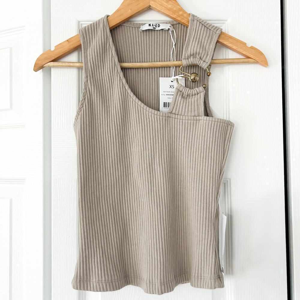 NWT NA-KD Beige Ribbed Buckle Detail Tank Top Women’s Size XS